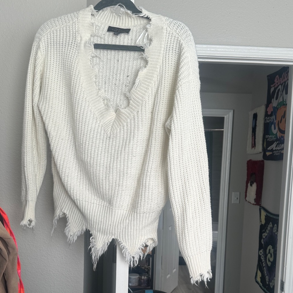 Blue Blush Distressed Cream V-Neck Sweater